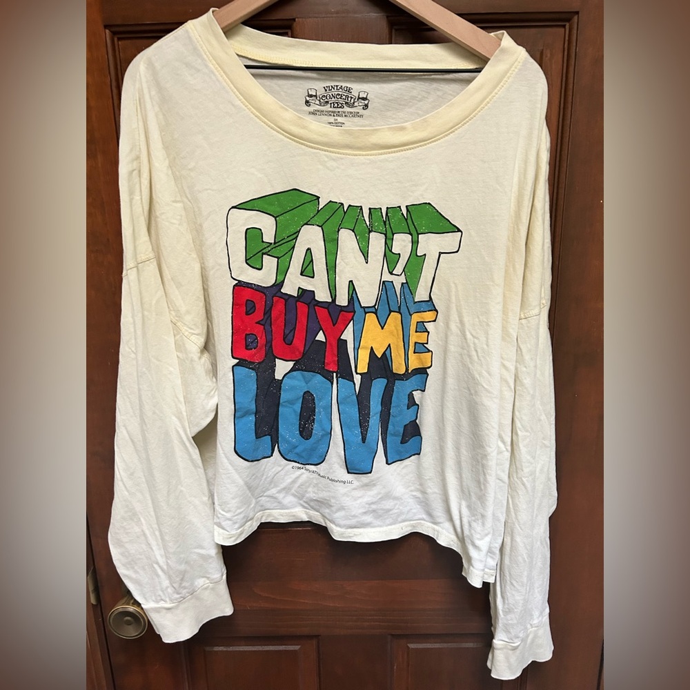 Vintage-Inspired 'Can't Buy Me Love' Long-Sleeve Tee - Cream. Size 3XL